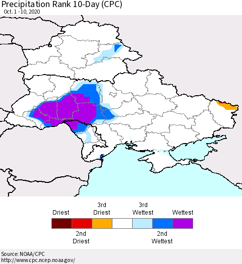 Ukraine, Moldova and Belarus Precipitation Rank since 1981, 10-Day (CPC) Thematic Map For 10/1/2020 - 10/10/2020