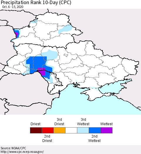 Ukraine, Moldova and Belarus Precipitation Rank 10-Day (CPC) Thematic Map For 10/6/2020 - 10/15/2020