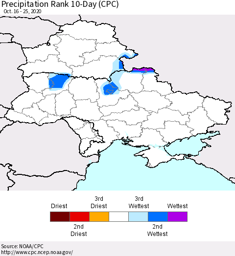 Ukraine, Moldova and Belarus Precipitation Rank 10-Day (CPC) Thematic Map For 10/16/2020 - 10/25/2020