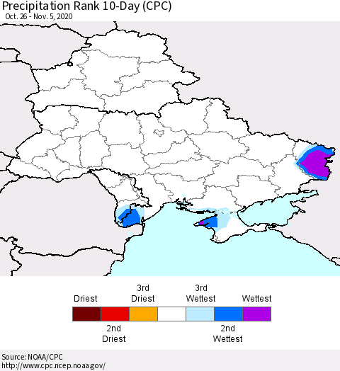 Ukraine, Moldova and Belarus Precipitation Rank since 1981, 10-Day (CPC) Thematic Map For 10/26/2020 - 11/5/2020
