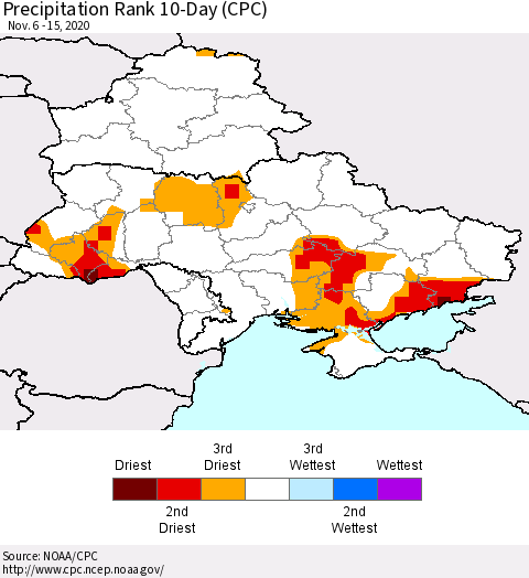Ukraine, Moldova and Belarus Precipitation Rank since 1981, 10-Day (CPC) Thematic Map For 11/6/2020 - 11/15/2020