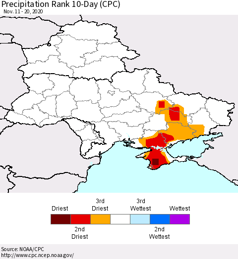 Ukraine, Moldova and Belarus Precipitation Rank since 1981, 10-Day (CPC) Thematic Map For 11/11/2020 - 11/20/2020