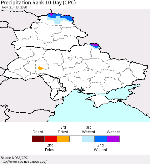 Ukraine, Moldova and Belarus Precipitation Rank 10-Day (CPC) Thematic Map For 11/21/2020 - 11/30/2020