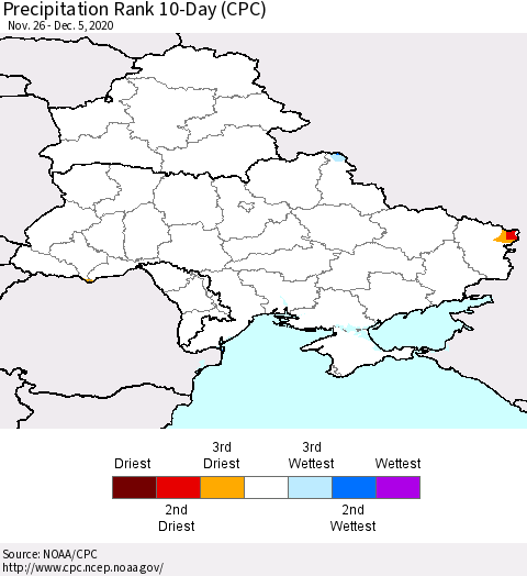 Ukraine, Moldova and Belarus Precipitation Rank 10-Day (CPC) Thematic Map For 11/26/2020 - 12/5/2020