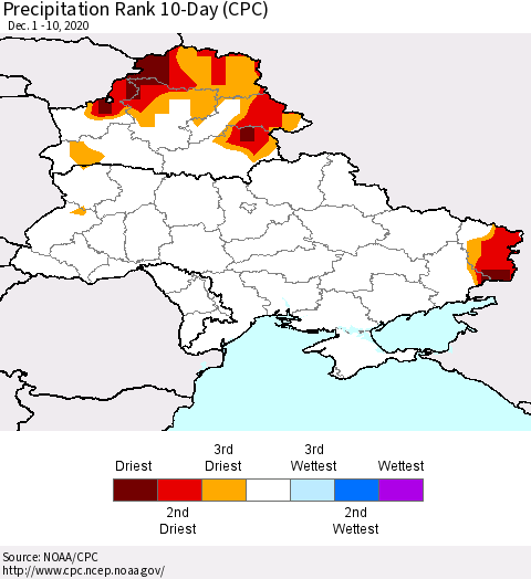 Ukraine, Moldova and Belarus Precipitation Rank since 1981, 10-Day (CPC) Thematic Map For 12/1/2020 - 12/10/2020