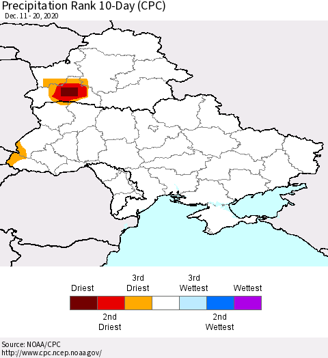 Ukraine, Moldova and Belarus Precipitation Rank since 1981, 10-Day (CPC) Thematic Map For 12/11/2020 - 12/20/2020