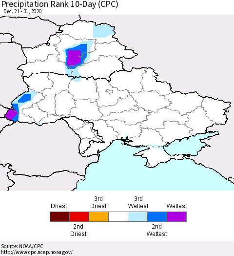 Ukraine, Moldova and Belarus Precipitation Rank 10-Day (CPC) Thematic Map For 12/21/2020 - 12/31/2020