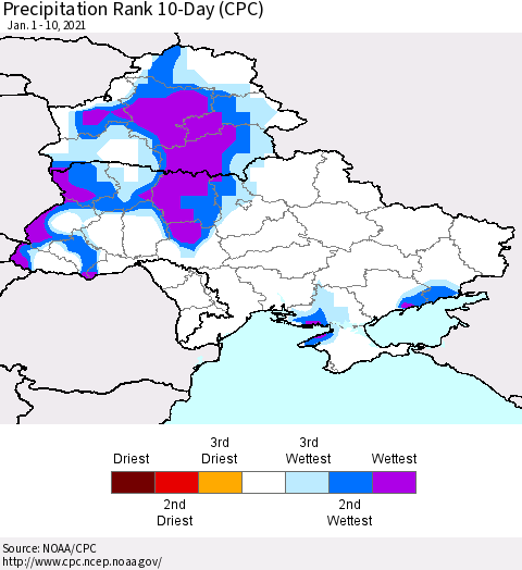 Ukraine, Moldova and Belarus Precipitation Rank 10-Day (CPC) Thematic Map For 1/1/2021 - 1/10/2021