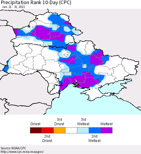 Ukraine, Moldova and Belarus Precipitation Rank 10-Day (CPC) Thematic Map For 1/21/2021 - 1/31/2021