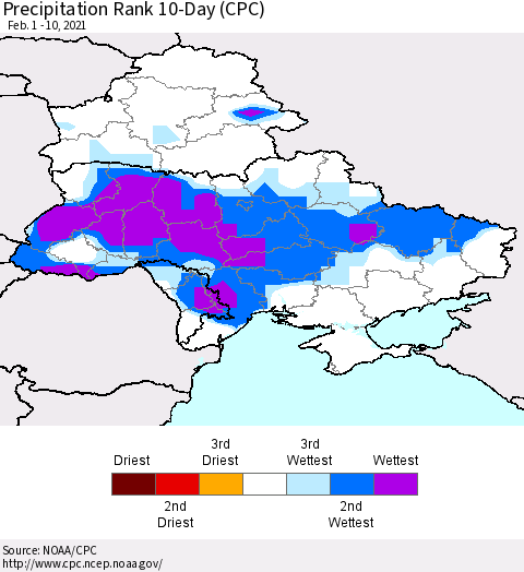Ukraine, Moldova and Belarus Precipitation Rank since 1981, 10-Day (CPC) Thematic Map For 2/1/2021 - 2/10/2021