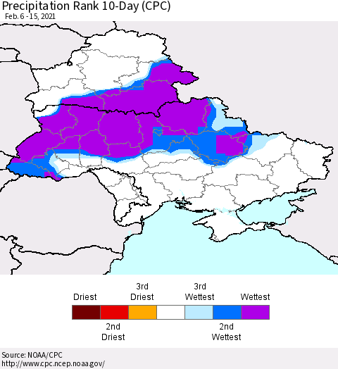Ukraine, Moldova and Belarus Precipitation Rank 10-Day (CPC) Thematic Map For 2/6/2021 - 2/15/2021
