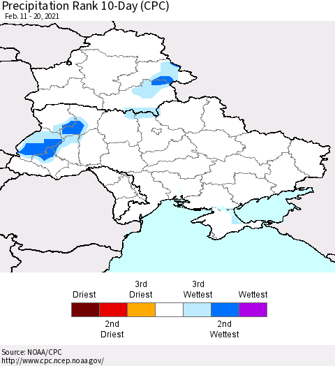 Ukraine, Moldova and Belarus Precipitation Rank since 1981, 10-Day (CPC) Thematic Map For 2/11/2021 - 2/20/2021