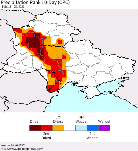 Ukraine, Moldova and Belarus Precipitation Rank since 1981, 10-Day (CPC) Thematic Map For 2/16/2021 - 2/25/2021