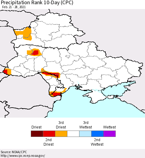 Ukraine, Moldova and Belarus Precipitation Rank 10-Day (CPC) Thematic Map For 2/21/2021 - 2/28/2021