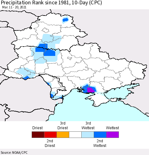Ukraine, Moldova and Belarus Precipitation Rank since 1981, 10-Day (CPC) Thematic Map For 3/11/2021 - 3/20/2021