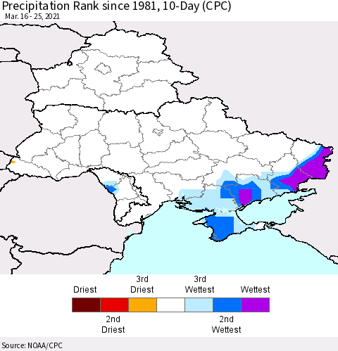 Ukraine, Moldova and Belarus Precipitation Rank since 1981, 10-Day (CPC) Thematic Map For 3/16/2021 - 3/25/2021