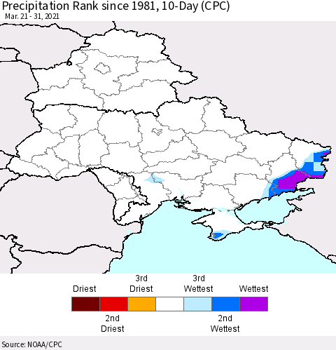Ukraine, Moldova and Belarus Precipitation Rank since 1981, 10-Day (CPC) Thematic Map For 3/21/2021 - 3/31/2021