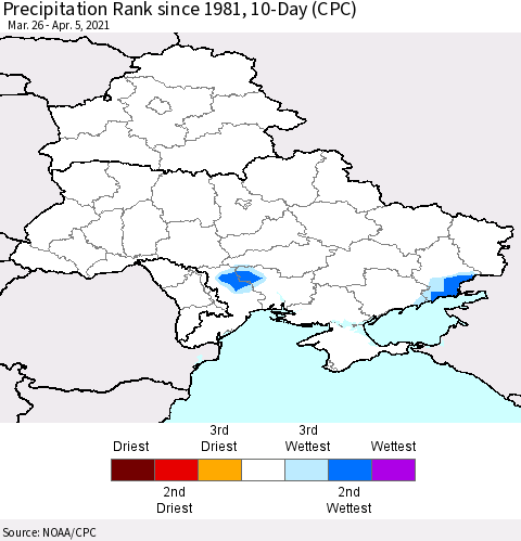 Ukraine, Moldova and Belarus Precipitation Rank 10-Day (CPC) Thematic Map For 3/26/2021 - 4/5/2021