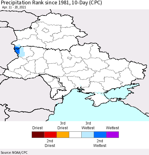 Ukraine, Moldova and Belarus Precipitation Rank 10-Day (CPC) Thematic Map For 4/11/2021 - 4/20/2021