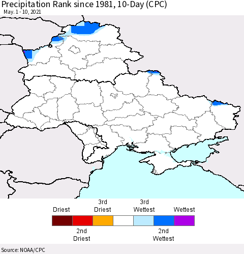Ukraine, Moldova and Belarus Precipitation Rank 10-Day (CPC) Thematic Map For 5/1/2021 - 5/10/2021