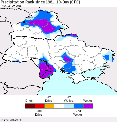 Ukraine, Moldova and Belarus Precipitation Rank 10-Day (CPC) Thematic Map For 5/11/2021 - 5/20/2021