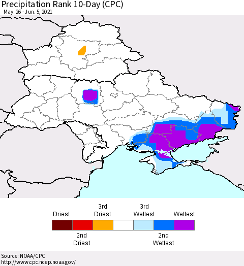 Ukraine, Moldova and Belarus Precipitation Rank 10-Day (CPC) Thematic Map For 5/26/2021 - 6/5/2021