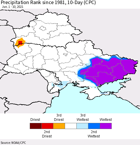 Ukraine, Moldova and Belarus Precipitation Rank since 1981, 10-Day (CPC) Thematic Map For 6/1/2021 - 6/10/2021