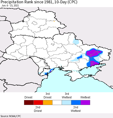 Ukraine, Moldova and Belarus Precipitation Rank since 1981, 10-Day (CPC) Thematic Map For 6/6/2021 - 6/15/2021