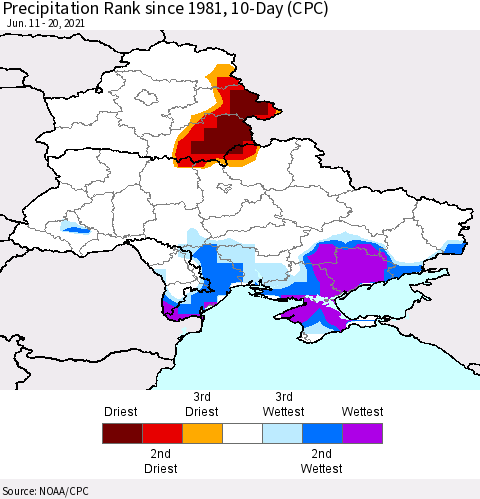 Ukraine, Moldova and Belarus Precipitation Rank 10-Day (CPC) Thematic Map For 6/11/2021 - 6/20/2021