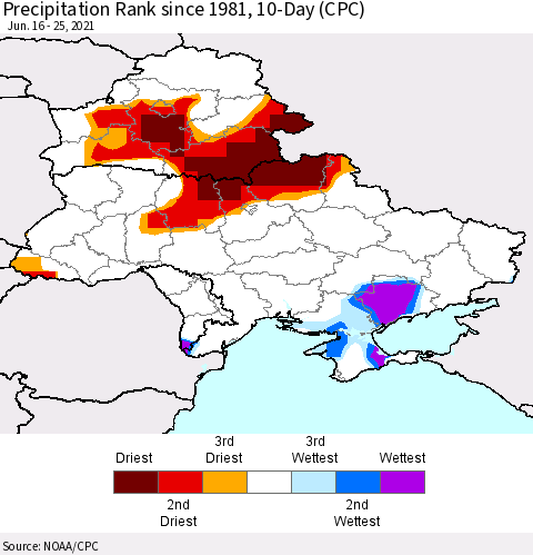 Ukraine, Moldova and Belarus Precipitation Rank 10-Day (CPC) Thematic Map For 6/16/2021 - 6/25/2021