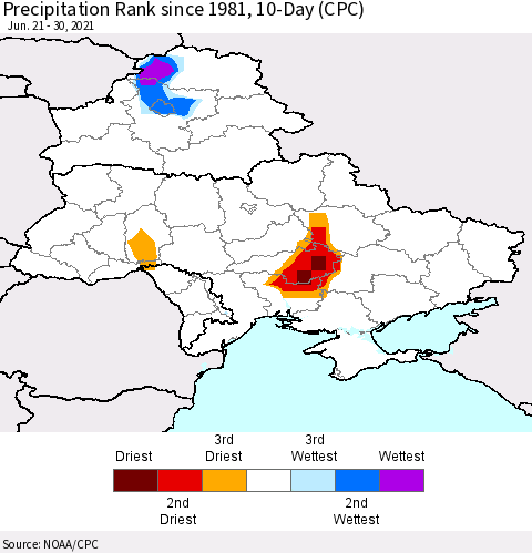 Ukraine, Moldova and Belarus Precipitation Rank 10-Day (CPC) Thematic Map For 6/21/2021 - 6/30/2021