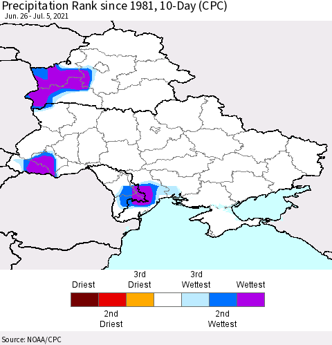 Ukraine, Moldova and Belarus Precipitation Rank 10-Day (CPC) Thematic Map For 6/26/2021 - 7/5/2021