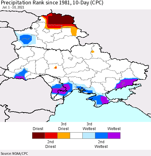 Ukraine, Moldova and Belarus Precipitation Rank since 1981, 10-Day (CPC) Thematic Map For 7/1/2021 - 7/10/2021