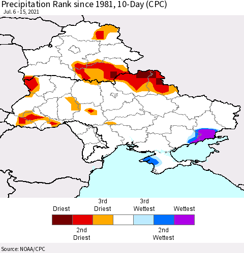 Ukraine, Moldova and Belarus Precipitation Rank 10-Day (CPC) Thematic Map For 7/6/2021 - 7/15/2021