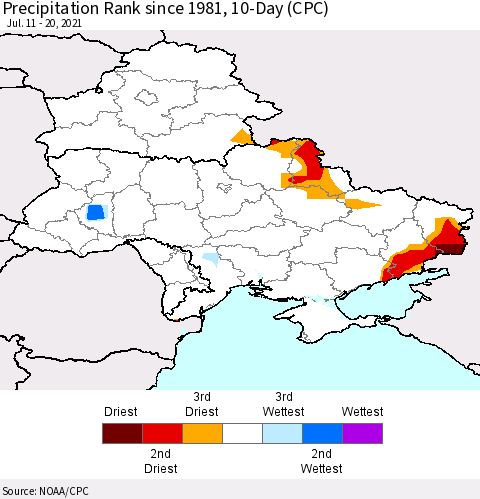 Ukraine, Moldova and Belarus Precipitation Rank 10-Day (CPC) Thematic Map For 7/11/2021 - 7/20/2021