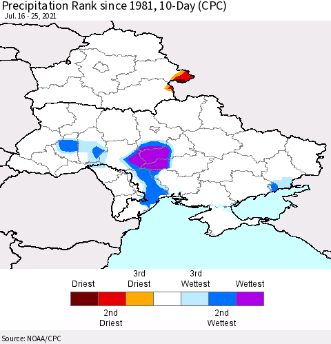 Ukraine, Moldova and Belarus Precipitation Rank 10-Day (CPC) Thematic Map For 7/16/2021 - 7/25/2021