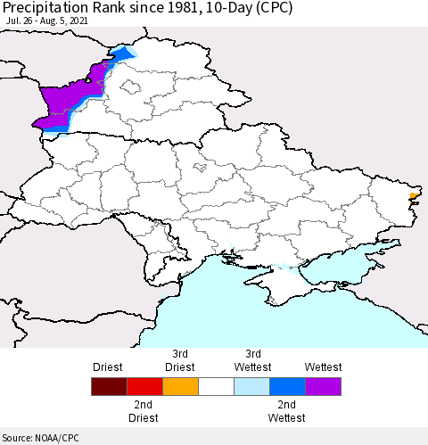 Ukraine, Moldova and Belarus Precipitation Rank 10-Day (CPC) Thematic Map For 7/26/2021 - 8/5/2021
