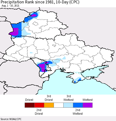 Ukraine, Moldova and Belarus Precipitation Rank 10-Day (CPC) Thematic Map For 8/1/2021 - 8/10/2021