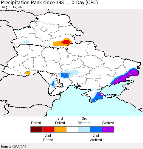 Ukraine, Moldova and Belarus Precipitation Rank 10-Day (CPC) Thematic Map For 8/6/2021 - 8/15/2021