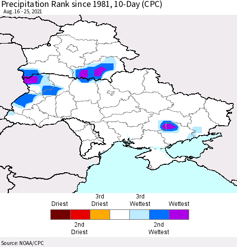 Ukraine, Moldova and Belarus Precipitation Rank since 1981, 10-Day (CPC) Thematic Map For 8/16/2021 - 8/25/2021