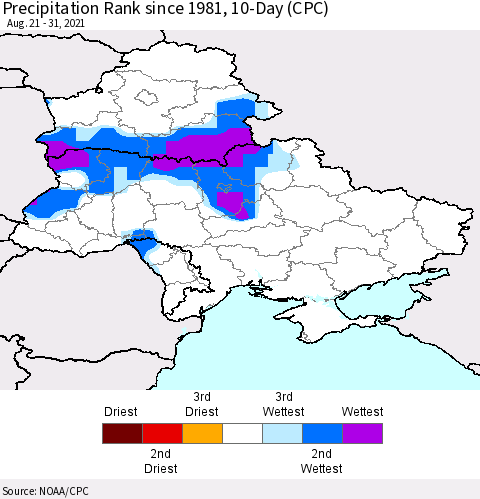 Ukraine, Moldova and Belarus Precipitation Rank 10-Day (CPC) Thematic Map For 8/21/2021 - 8/31/2021