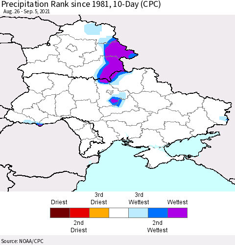 Ukraine, Moldova and Belarus Precipitation Rank 10-Day (CPC) Thematic Map For 8/26/2021 - 9/5/2021
