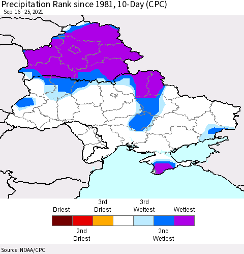 Ukraine, Moldova and Belarus Precipitation Rank since 1981, 10-Day (CPC) Thematic Map For 9/16/2021 - 9/25/2021