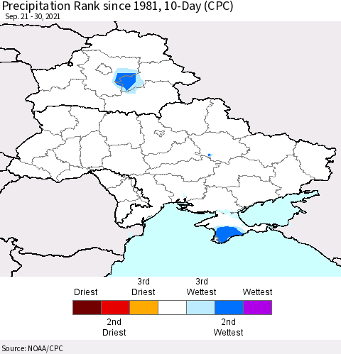 Ukraine, Moldova and Belarus Precipitation Rank since 1981, 10-Day (CPC) Thematic Map For 9/21/2021 - 9/30/2021
