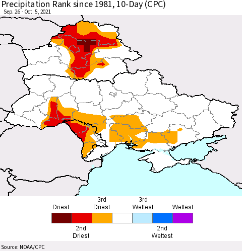Ukraine, Moldova and Belarus Precipitation Rank 10-Day (CPC) Thematic Map For 9/26/2021 - 10/5/2021