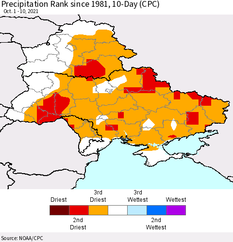 Ukraine, Moldova and Belarus Precipitation Rank 10-Day (CPC) Thematic Map For 10/1/2021 - 10/10/2021