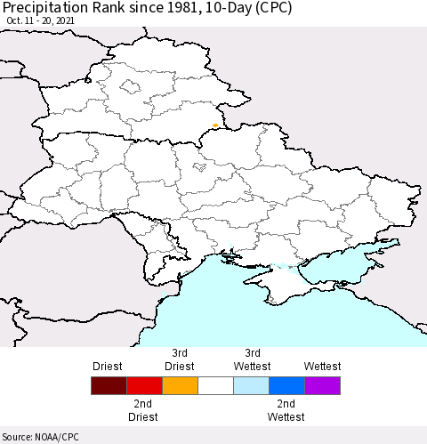 Ukraine, Moldova and Belarus Precipitation Rank 10-Day (CPC) Thematic Map For 10/11/2021 - 10/20/2021