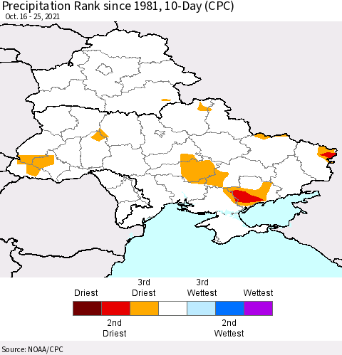 Ukraine, Moldova and Belarus Precipitation Rank 10-Day (CPC) Thematic Map For 10/16/2021 - 10/25/2021