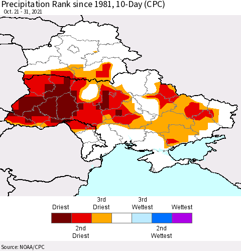 Ukraine, Moldova and Belarus Precipitation Rank 10-Day (CPC) Thematic Map For 10/21/2021 - 10/31/2021
