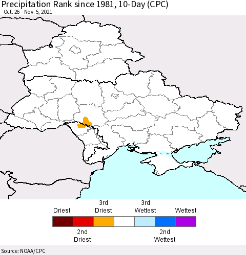 Ukraine, Moldova and Belarus Precipitation Rank 10-Day (CPC) Thematic Map For 10/26/2021 - 11/5/2021